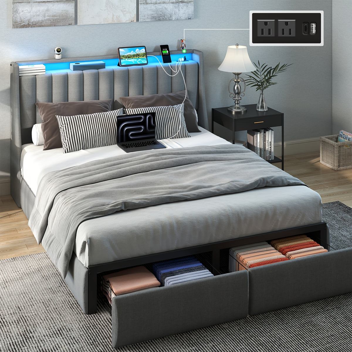 full queen king bed frame 2 storage drawers luxury wingback - Temu