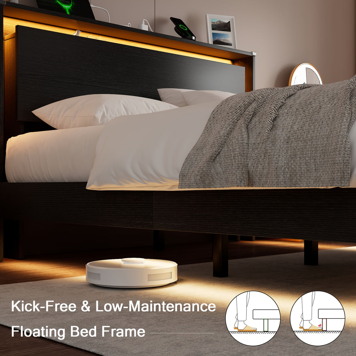 floating bed frame led lights charging station heavy duty - Temu