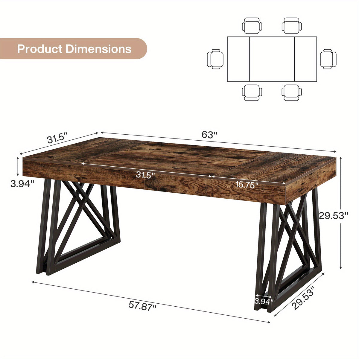 63 inch dining table farmhouse kitchen dining table sturdy x - Temu