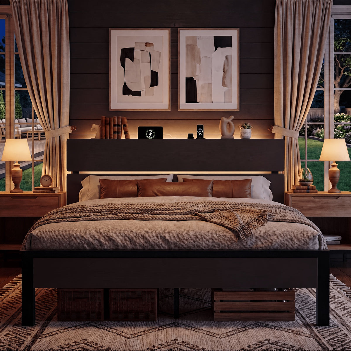 platform bed frame led lights charging station wooden - Temu