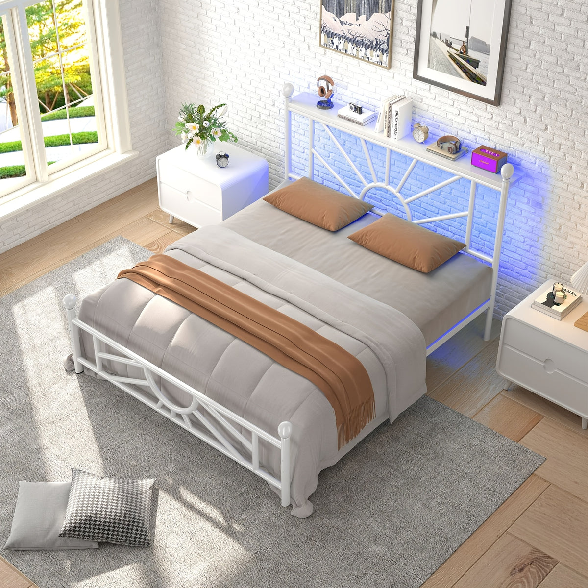twin full queen king retro metal bed frame led lights - Temu
