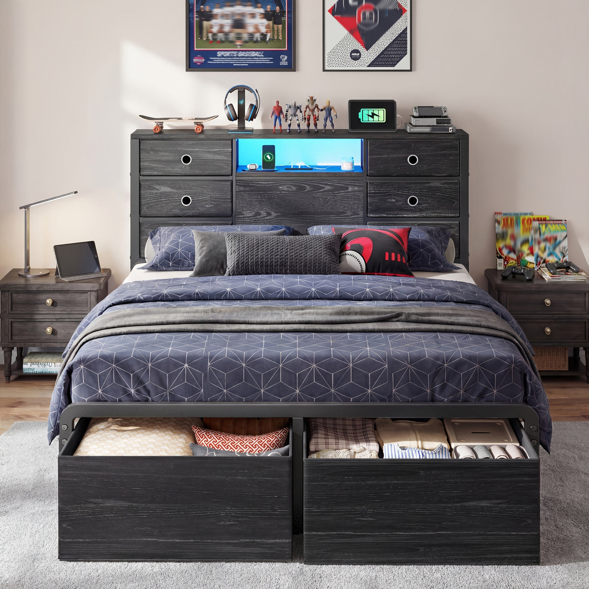 king queen full size storage bed frame 8 9 drawers headboard - Temu