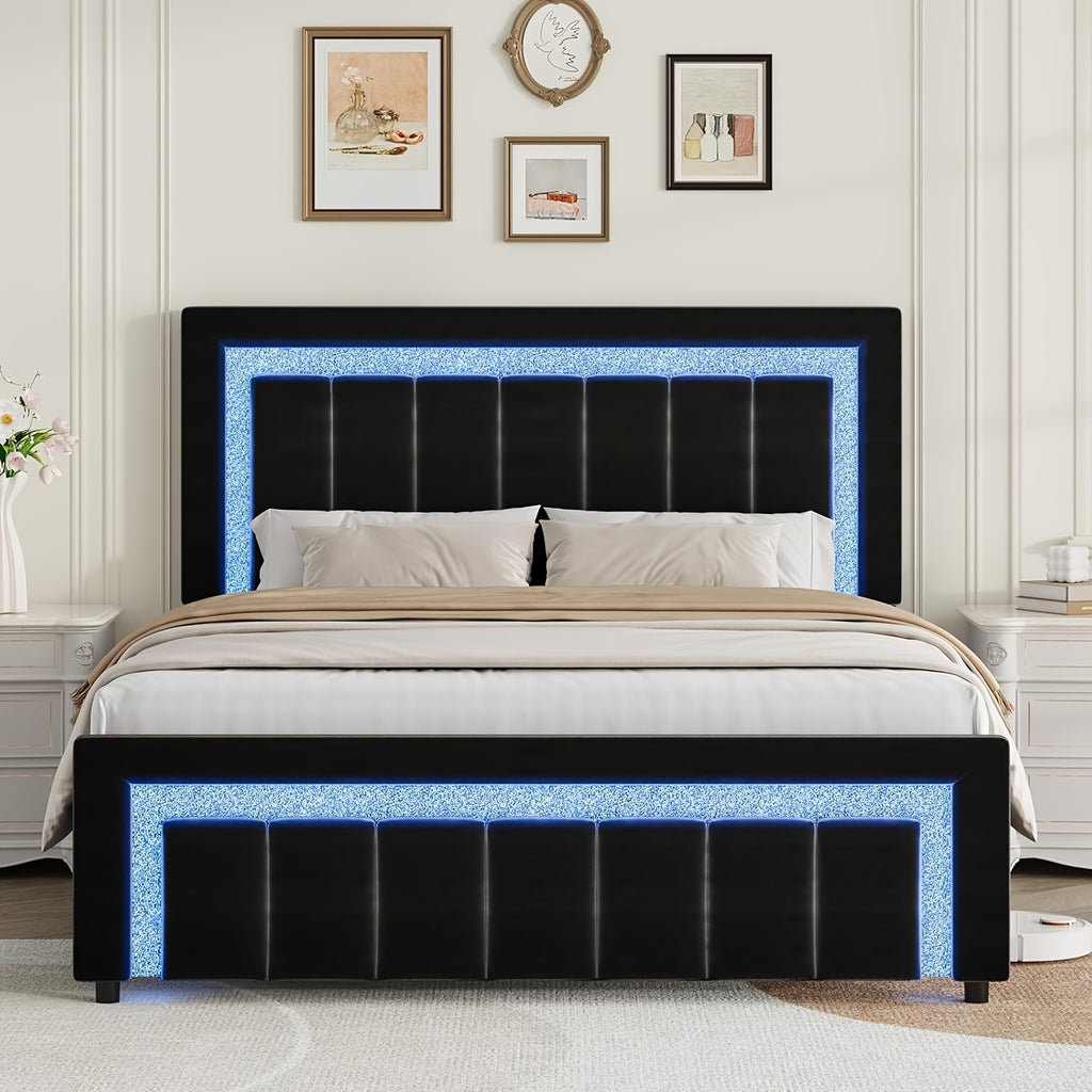 twin full bed frame led lights velvet upholstered headboard - Temu