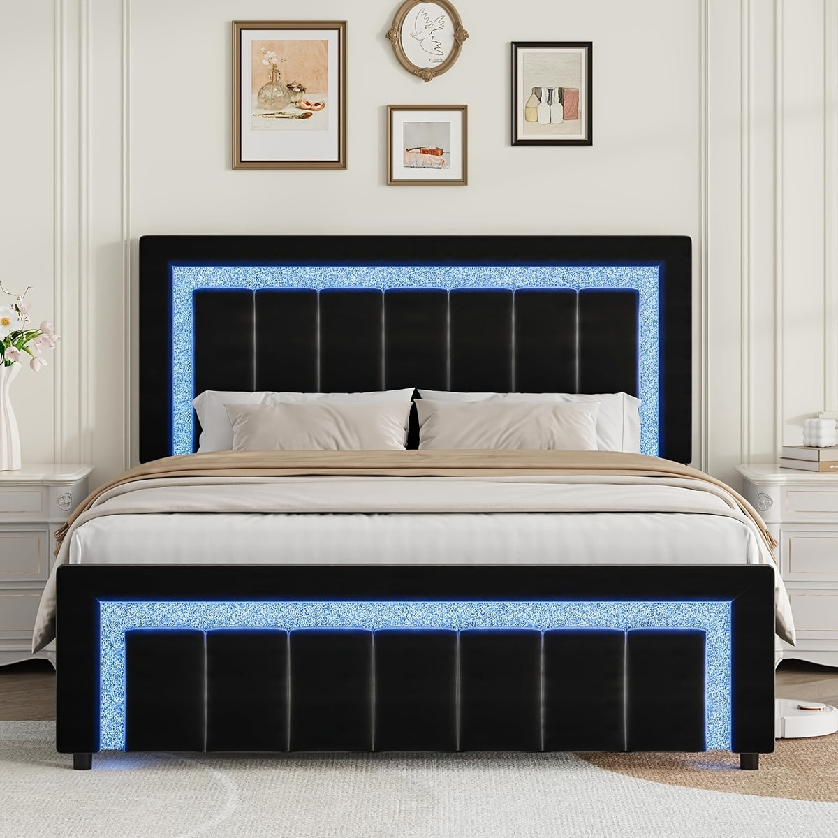 twin full bed frame led lights velvet upholstered headboard - Temu