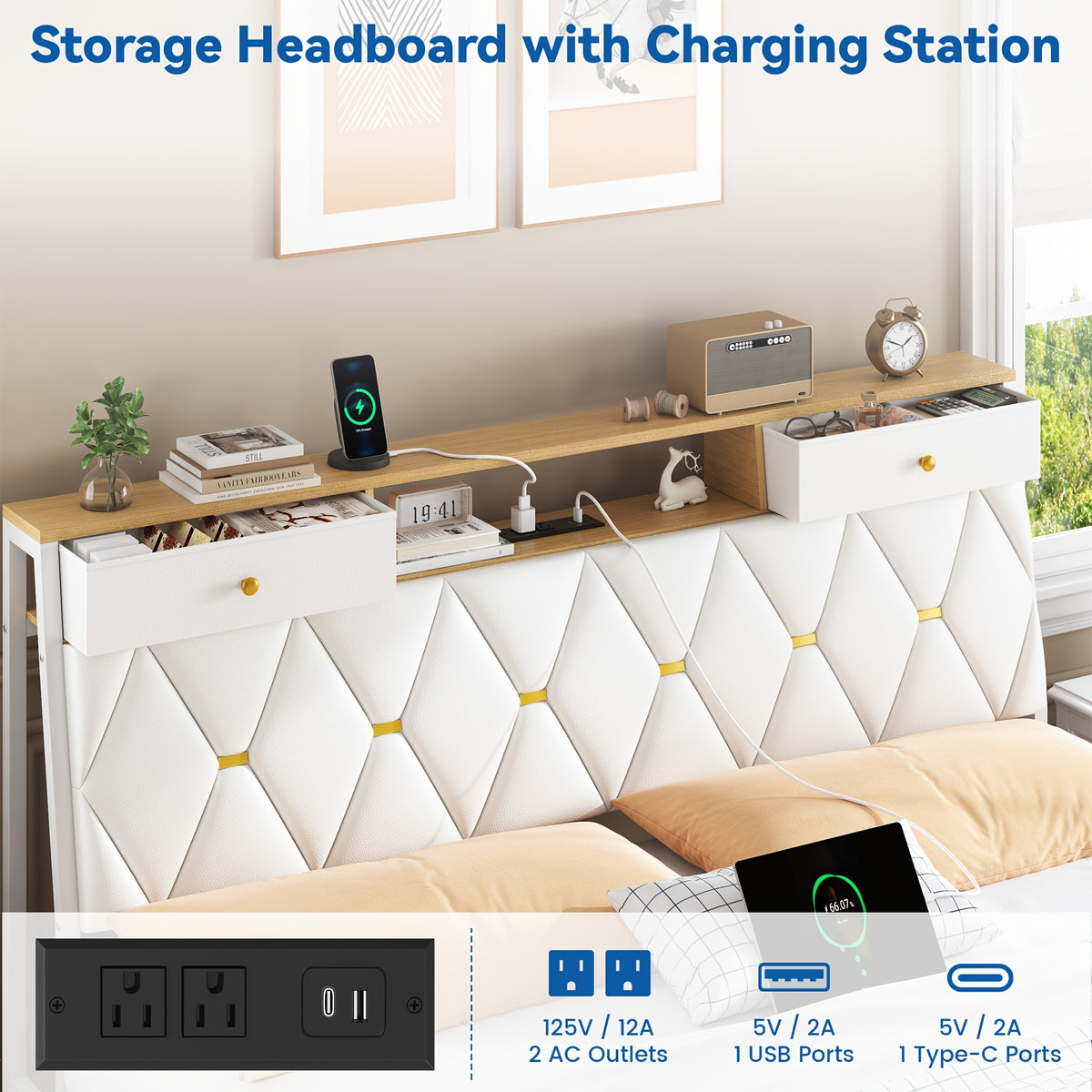 mraeer bed frame storage bench 2 drawers charging station no - Temu