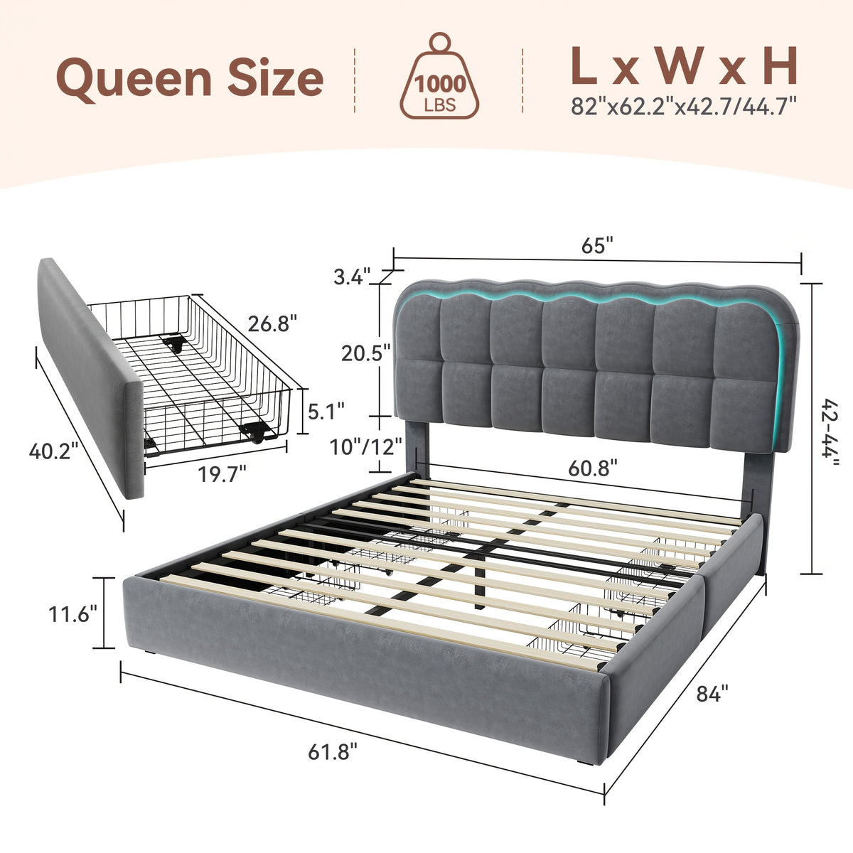mraeer twin full queen bed frame led lighting 2 4 storage - Temu