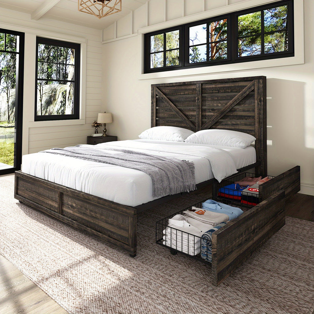 farmhouse bed frame 4 storage drawers rustic vintage mdf - Temu