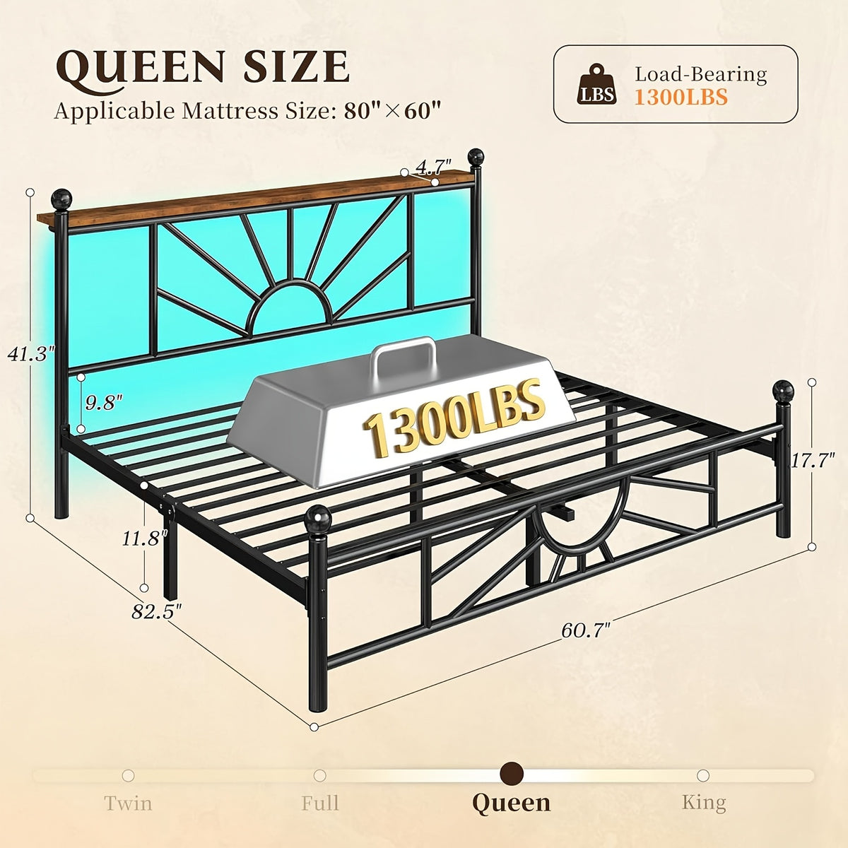 twin full queen king retro metal bed frame led lights - Temu