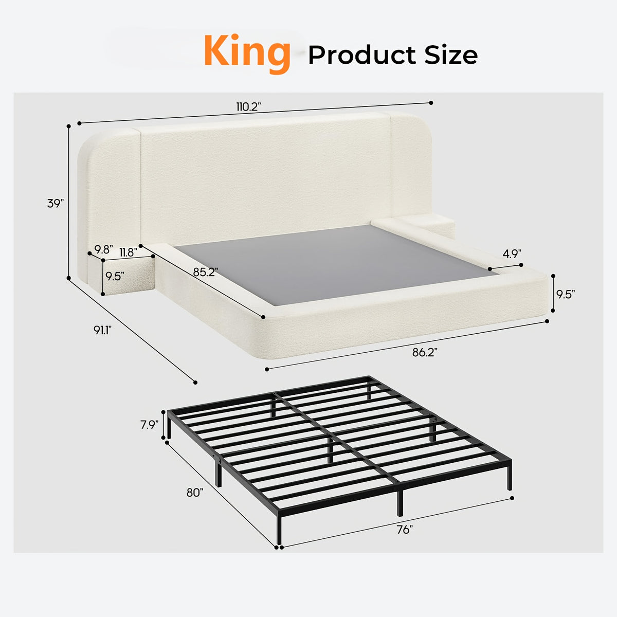 upholstered platform bed extended headboard side nightstands - Temu