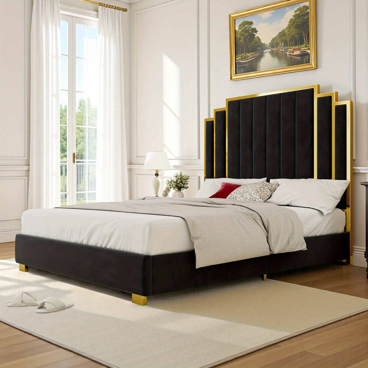 a platform bed frame measuring 65 inches featuring a velvet - Temu