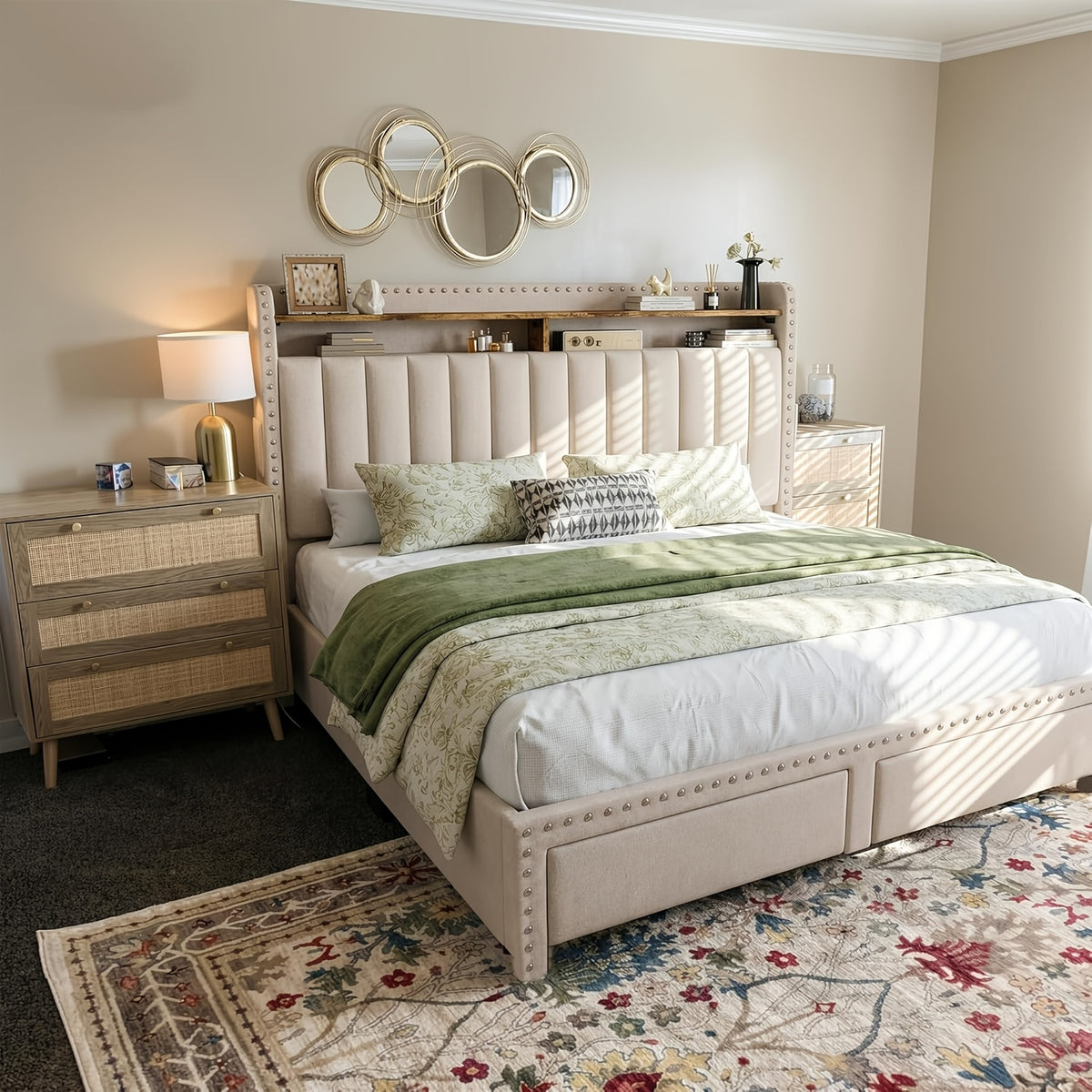 soft upholstered bed frame 2 storage drawers full queen king - Temu
