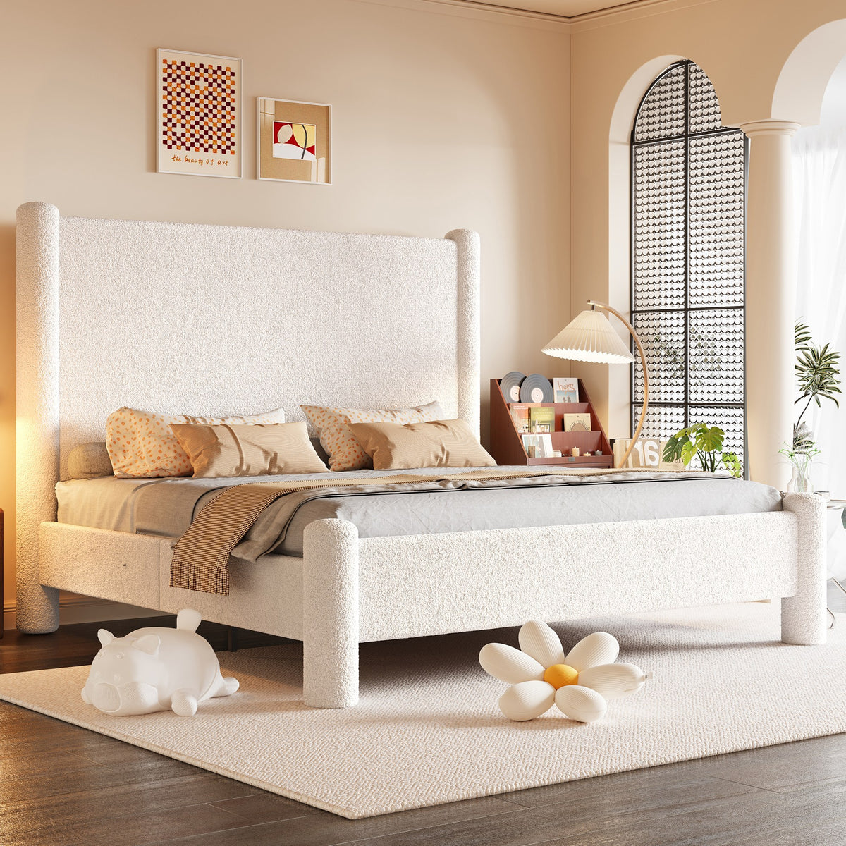 boucle upholstered bed frame platform bed gentle - Temu