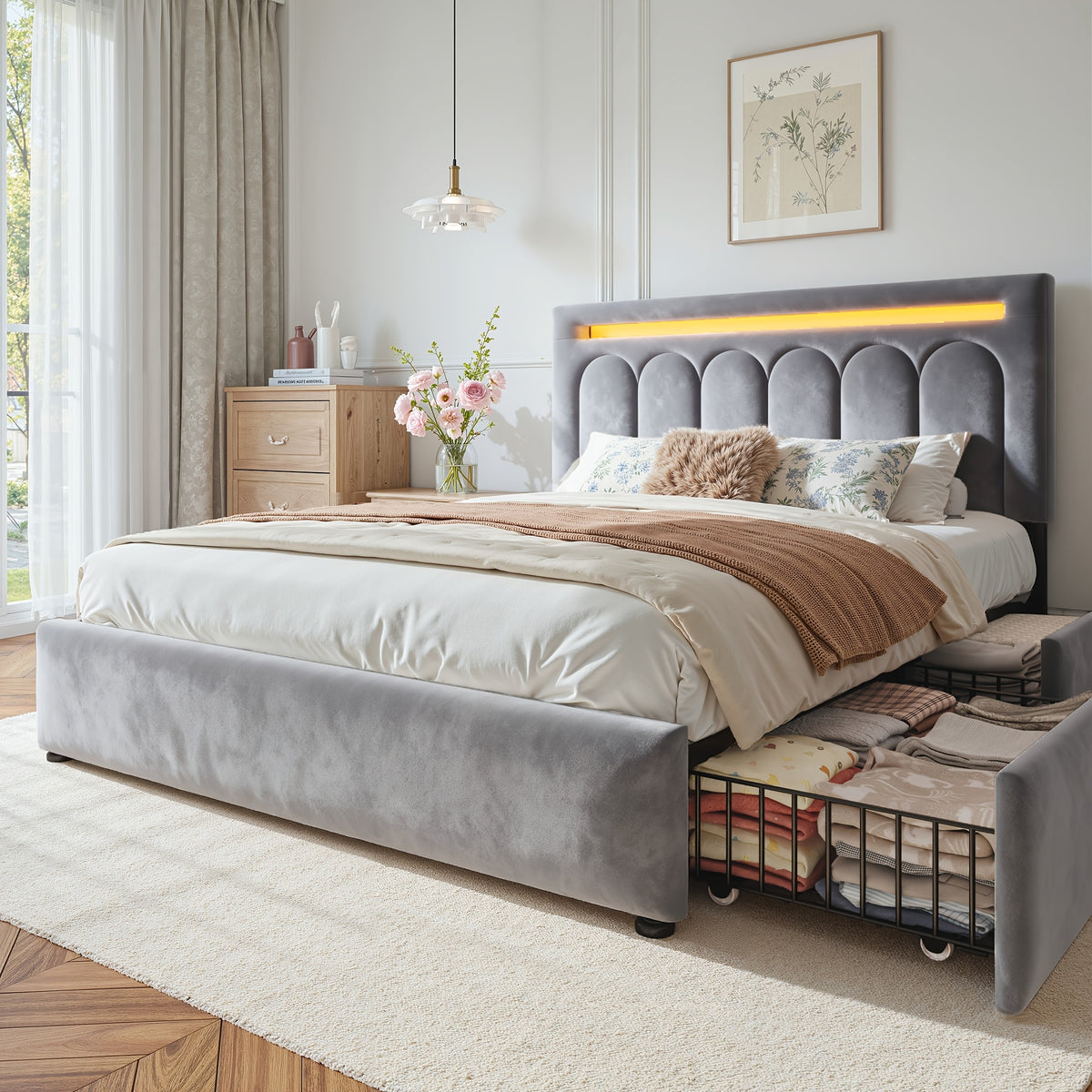 size velvet upholstered bed frame 4 storage drawers - Temu