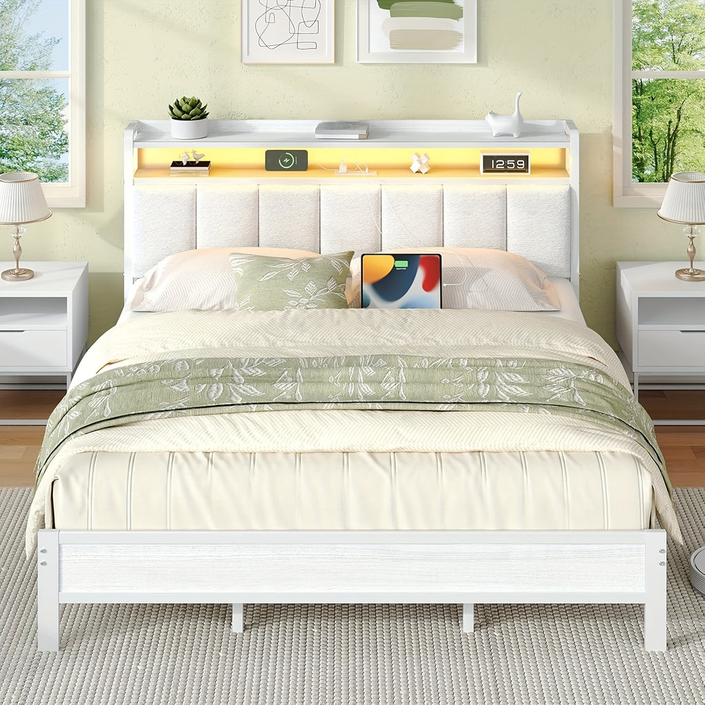 twin full queen king bed frame storage headboard led lights - Temu