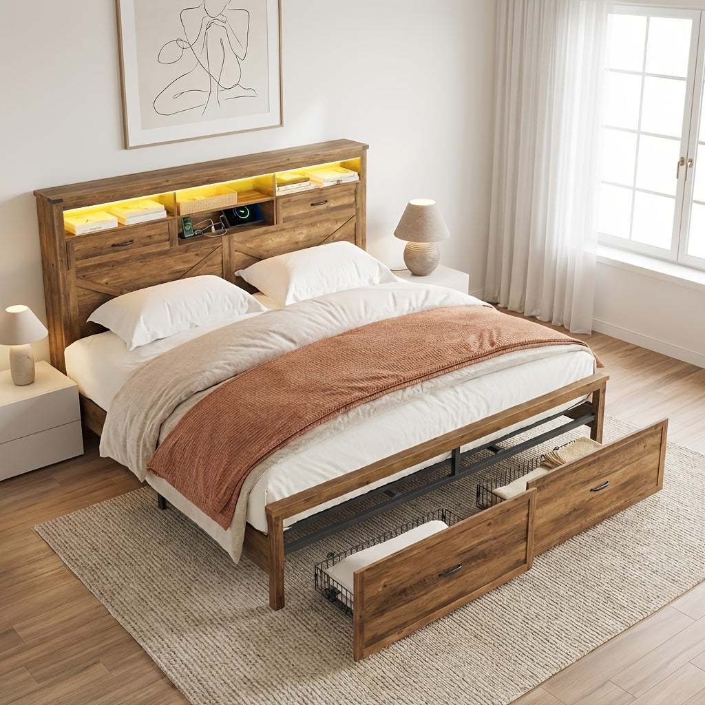 king size farmhouse bed frame charging station led lights 51 - Temu