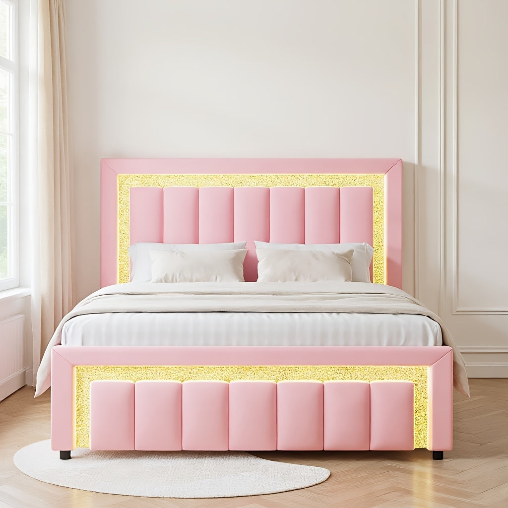 twin full bed frame led lights velvet upholstered headboard - Temu
