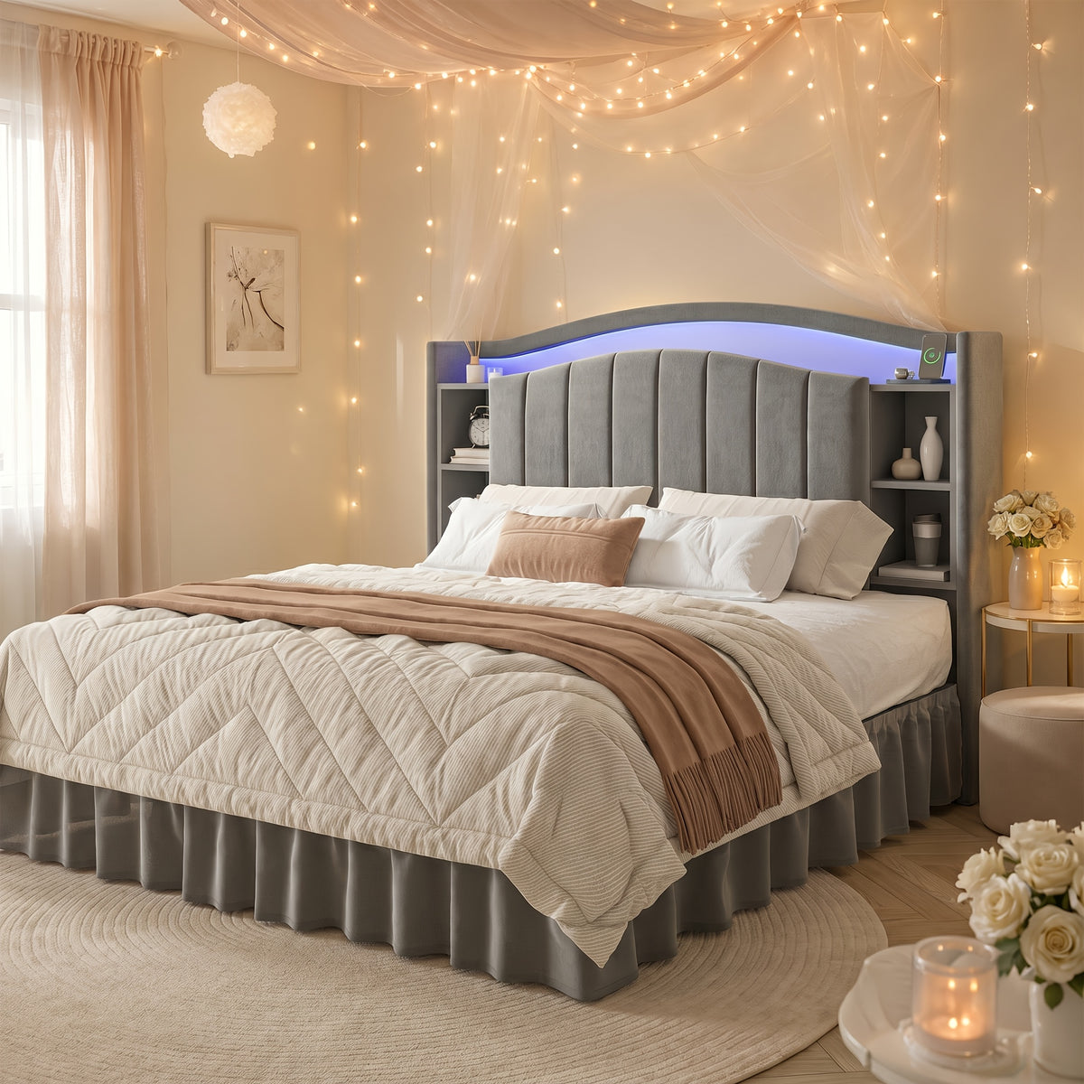 king queen full bed frame built in nightstand storage - Temu