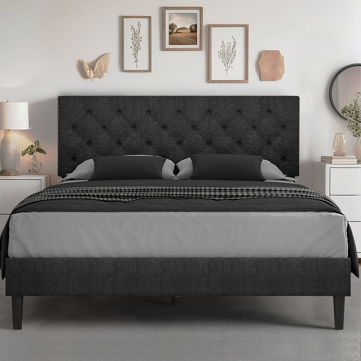 twin full queen king size bed frame headboard linen fabric - Temu