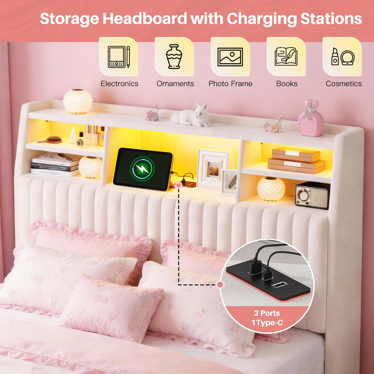 upholstered bed frame built in charging station led lighting - Temu