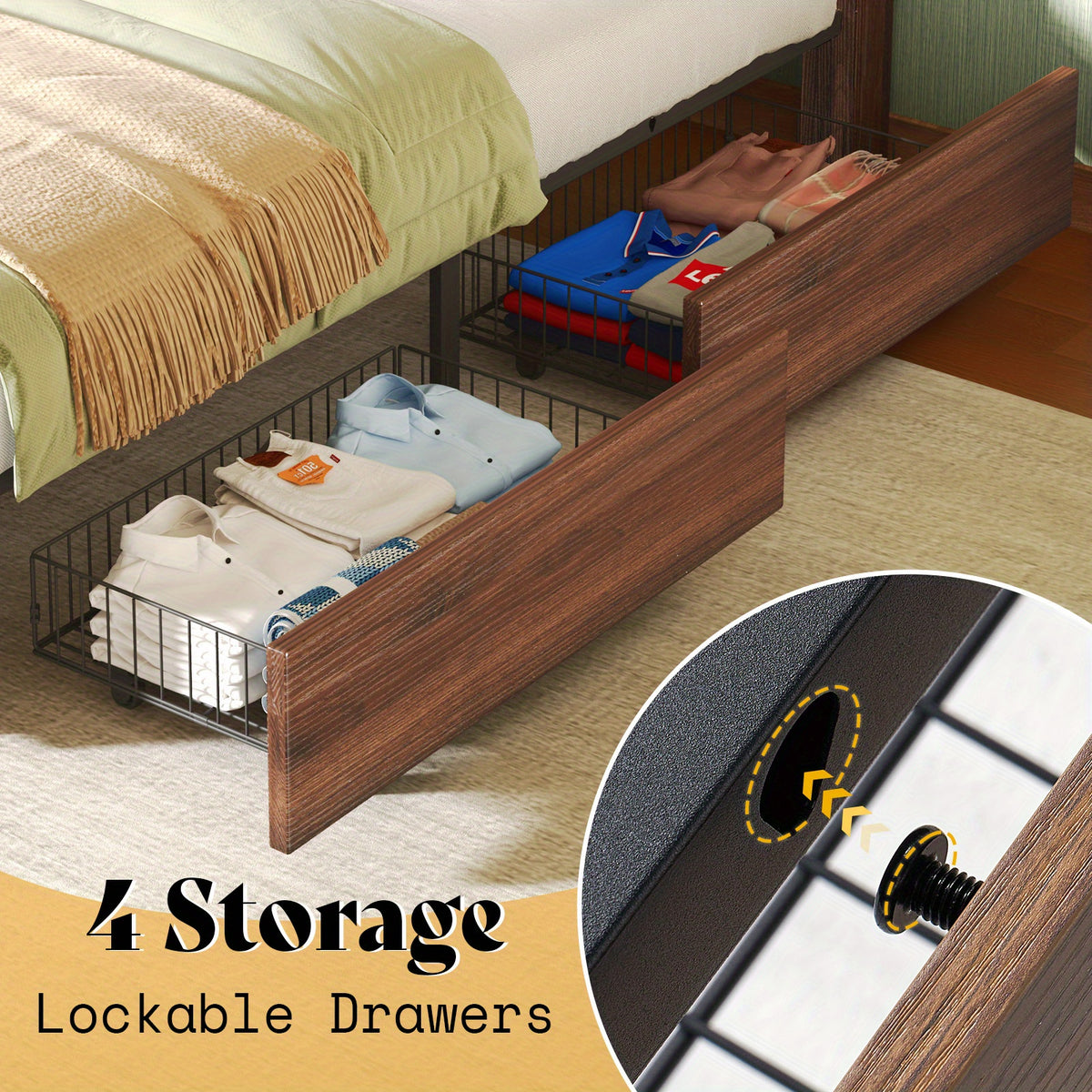 farmhouse bed frame 4 storage drawers rustic vintage mdf - Temu