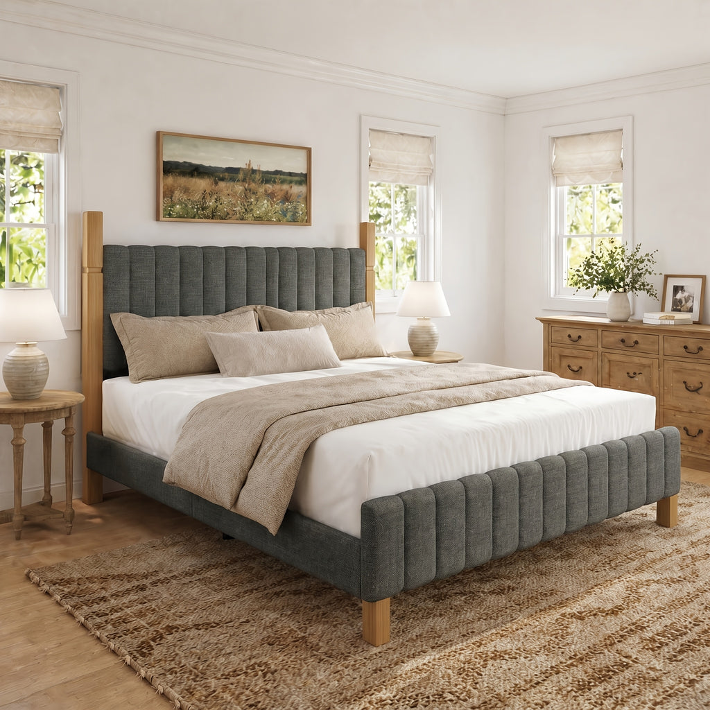 modern solid wood bed frame a vertical striped headboard - Temu