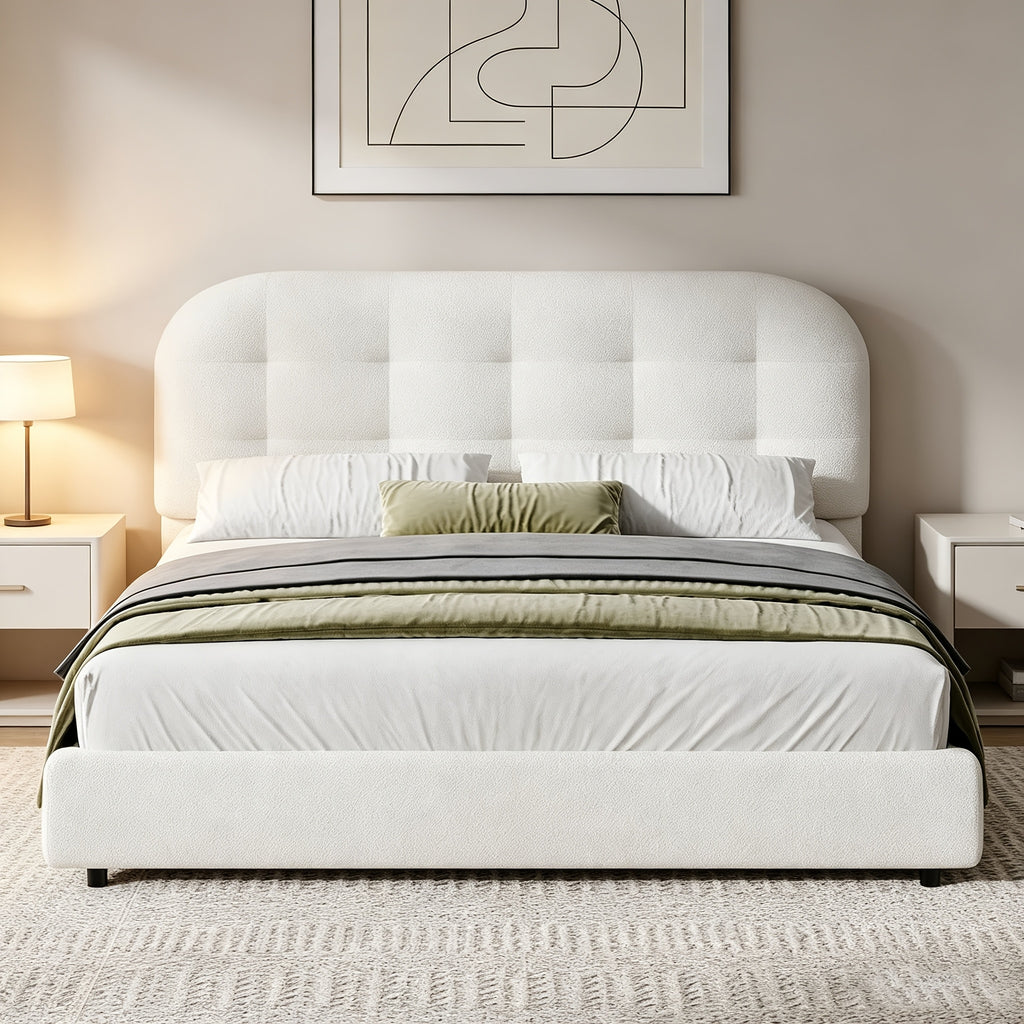 modern boucle upholstered platform bed frame curved cloud - Temu