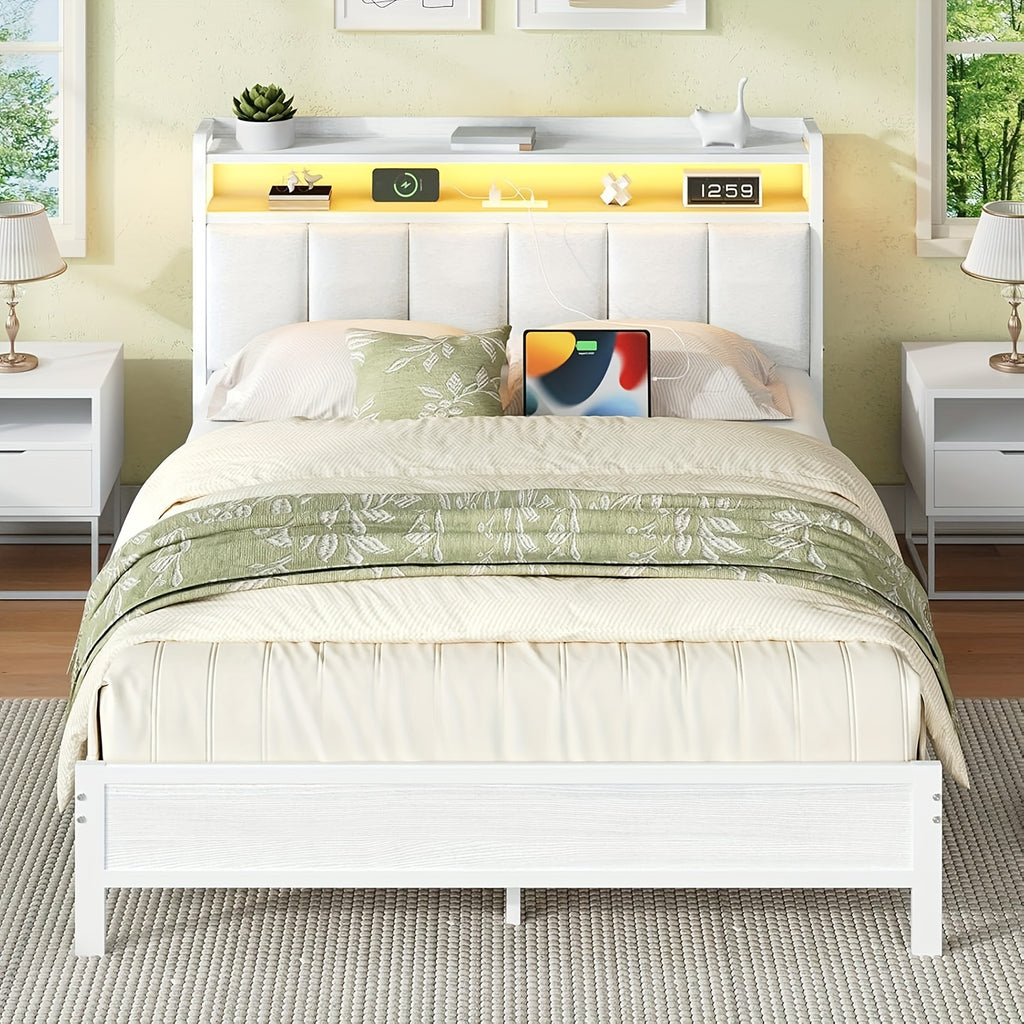 twin full queen king bed frame storage headboard led lights - Temu