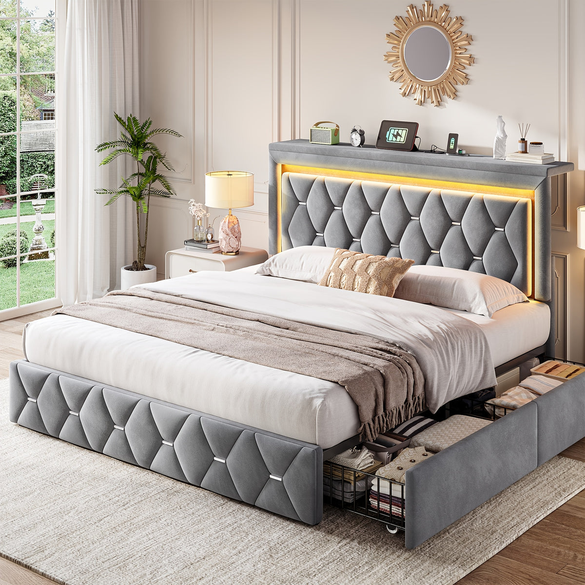 queen full size bed frame 4 storage drawers headboard - Temu