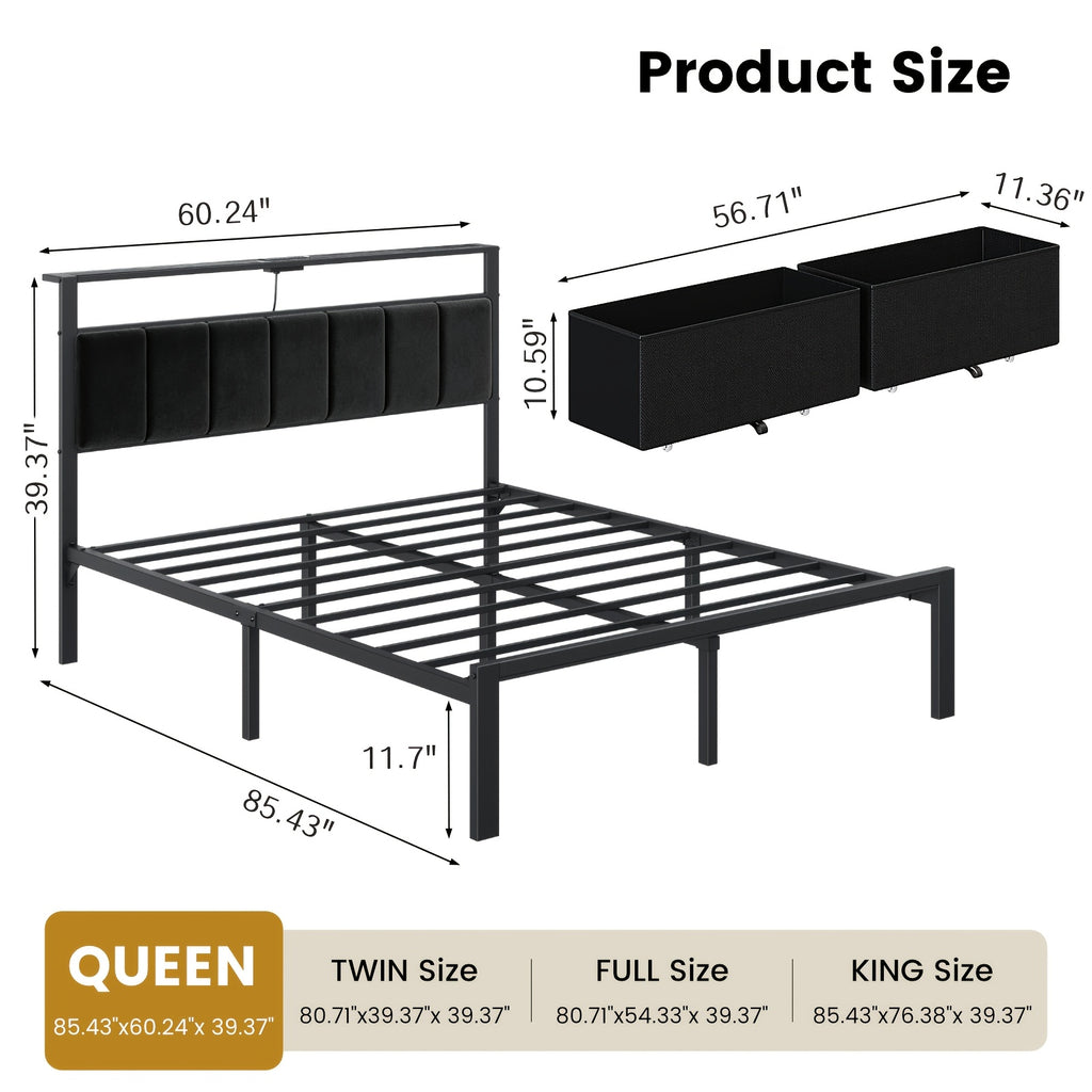upholstered bed frame 2 bed storage drawers metal platform - Temu