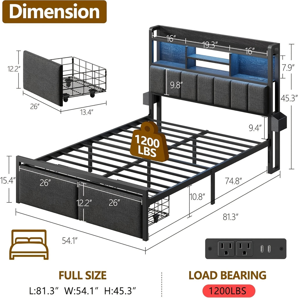 full upholstered platform bed storage drawers usb charging - Temu