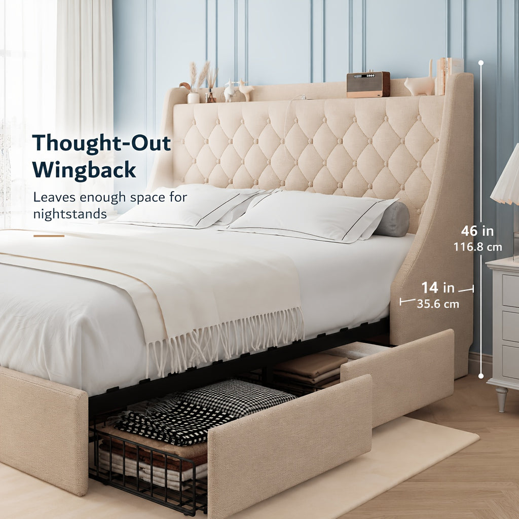 bed frame charging station linen fabric storage headboard - Temu