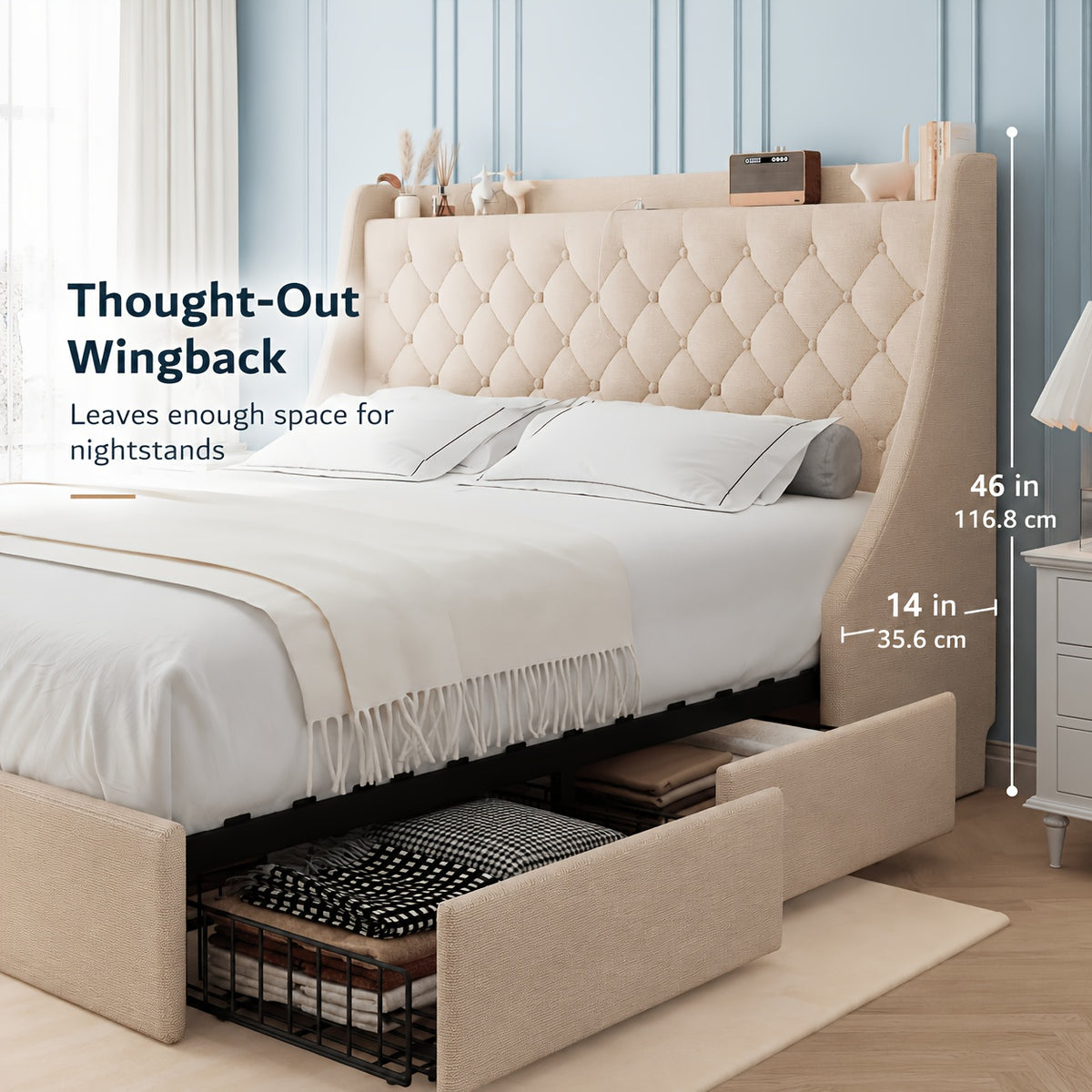bed frame charging station linen fabric storage headboard - Temu