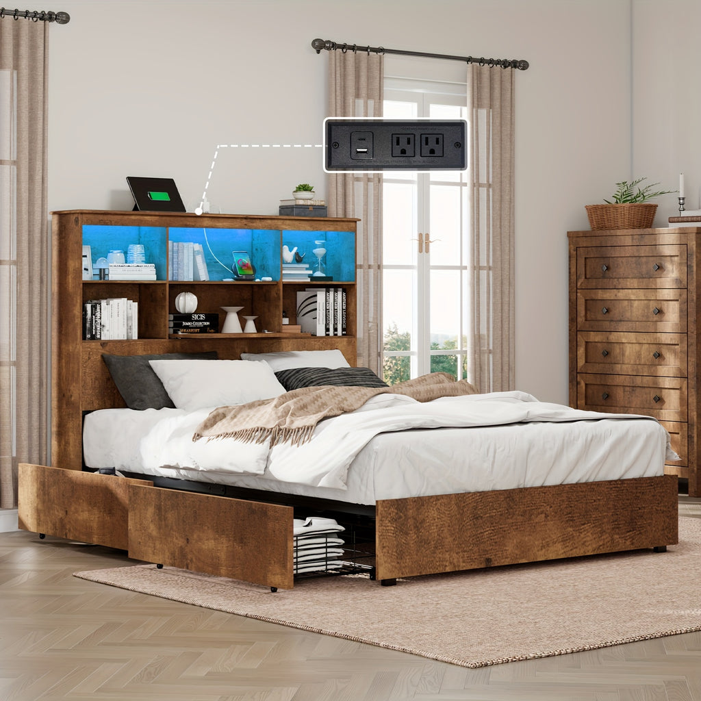 led bookcase headboard bed frame featuring a charging - Temu