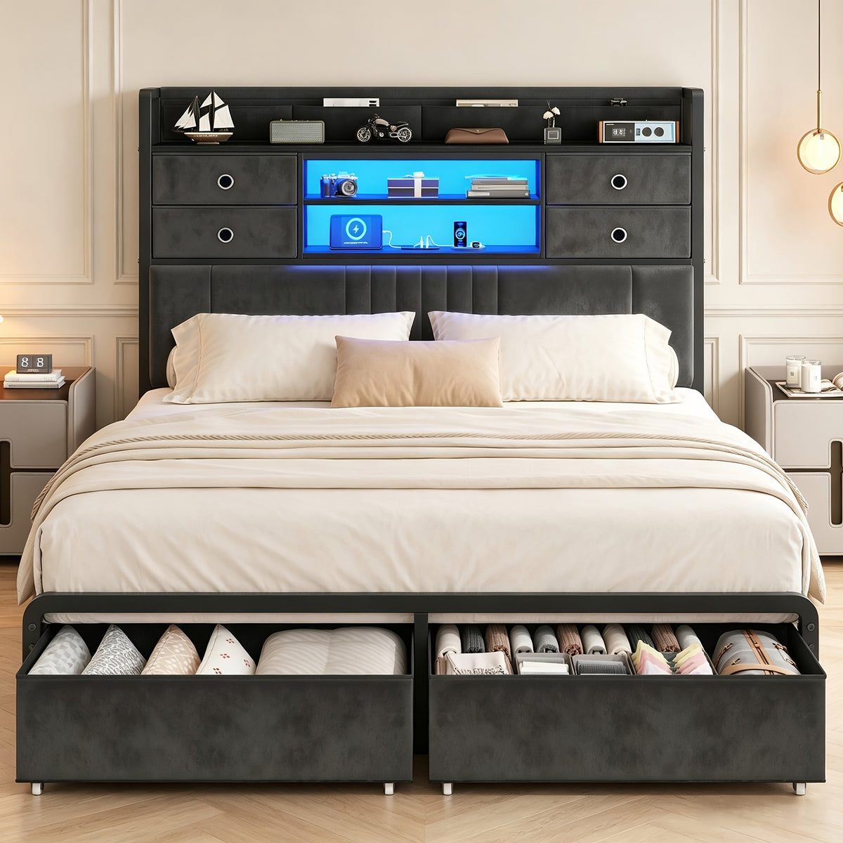 velvet platform bed frame headboard storage 4 fabric - Temu