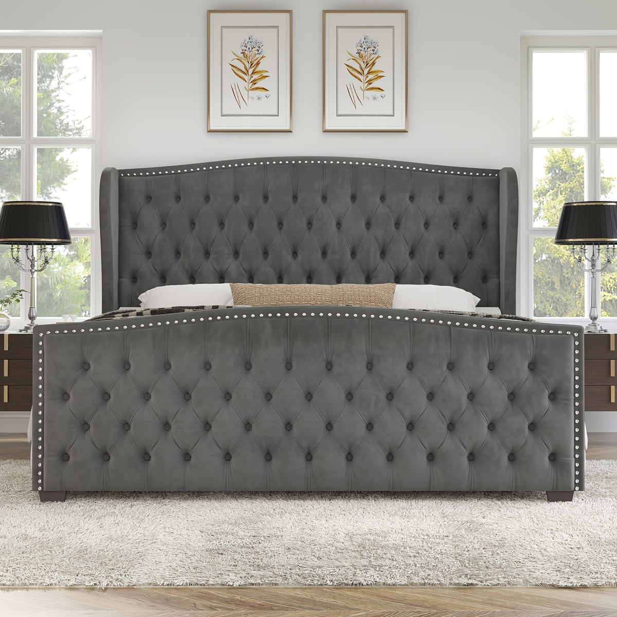 queen platform bed frame wingback headboard velvet - Temu