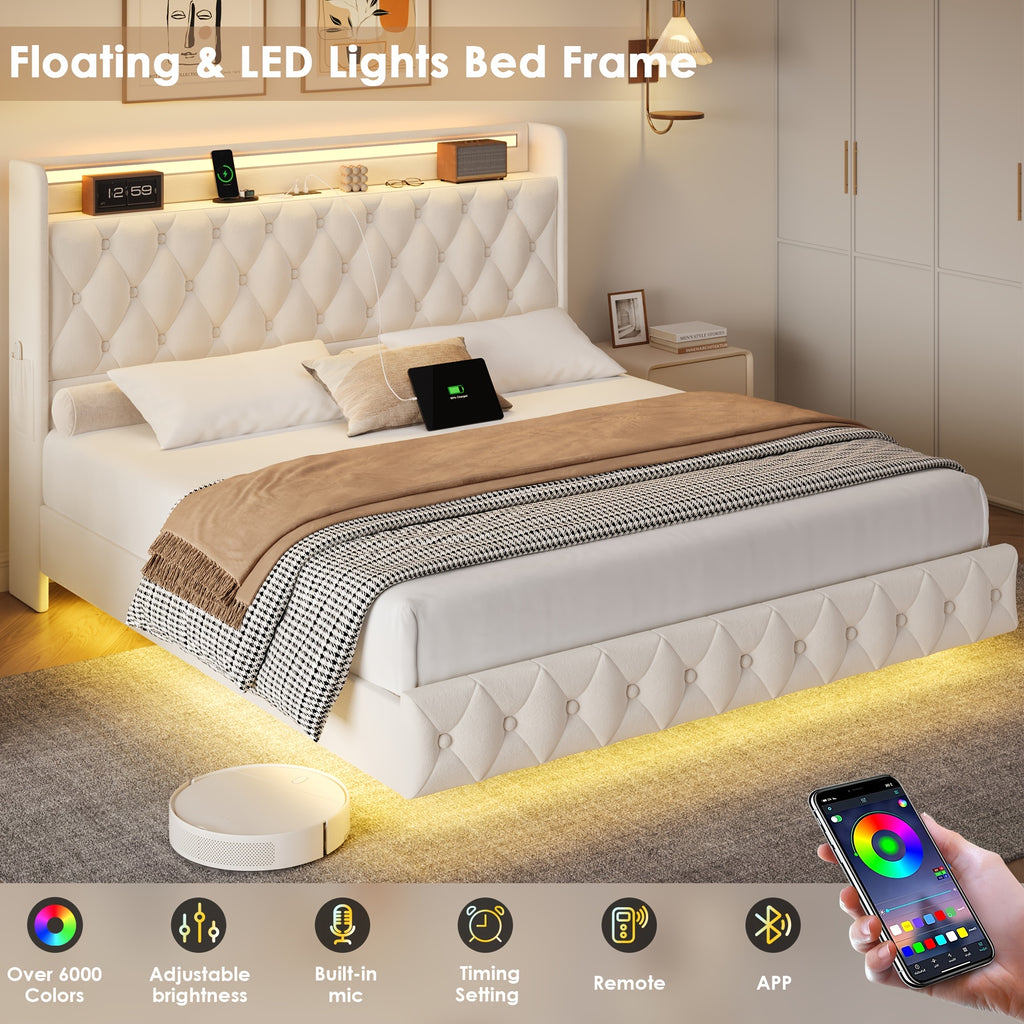 full queen size floating bed frame led lights charging - Temu