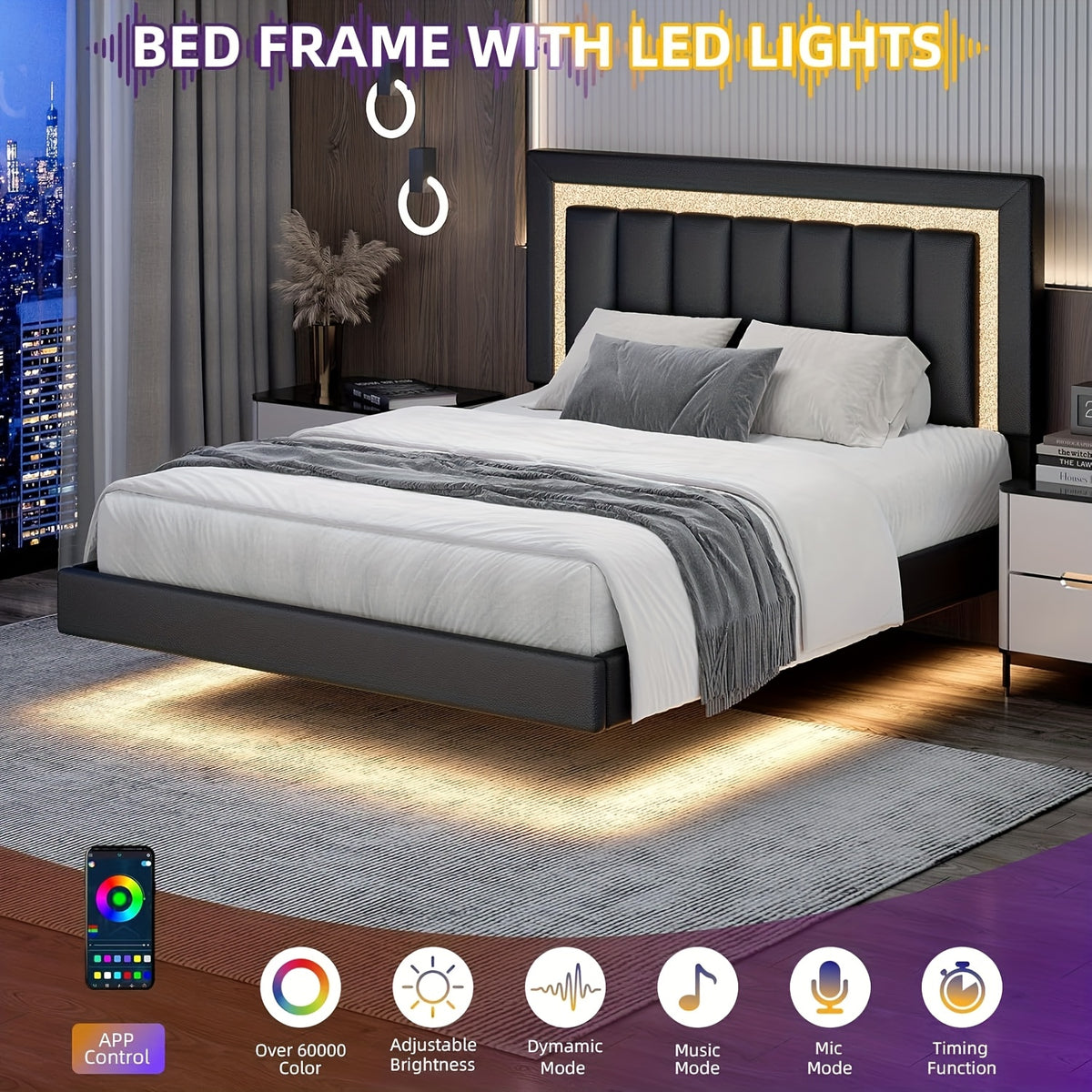 twin full queen smart led lights floating bed frame   - Temu