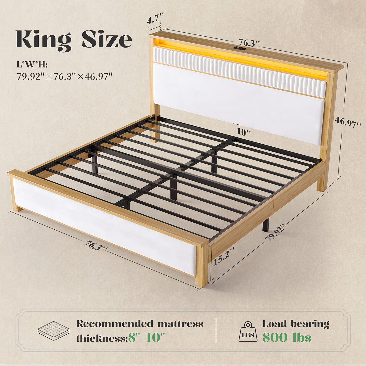 queen king solid wood bed frame led light usb a type c - Temu
