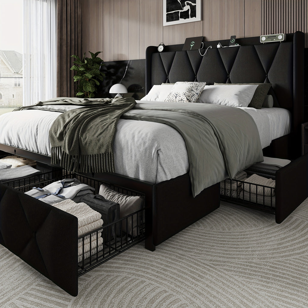 4 drawers storage bed frame wingback headboard - Temu