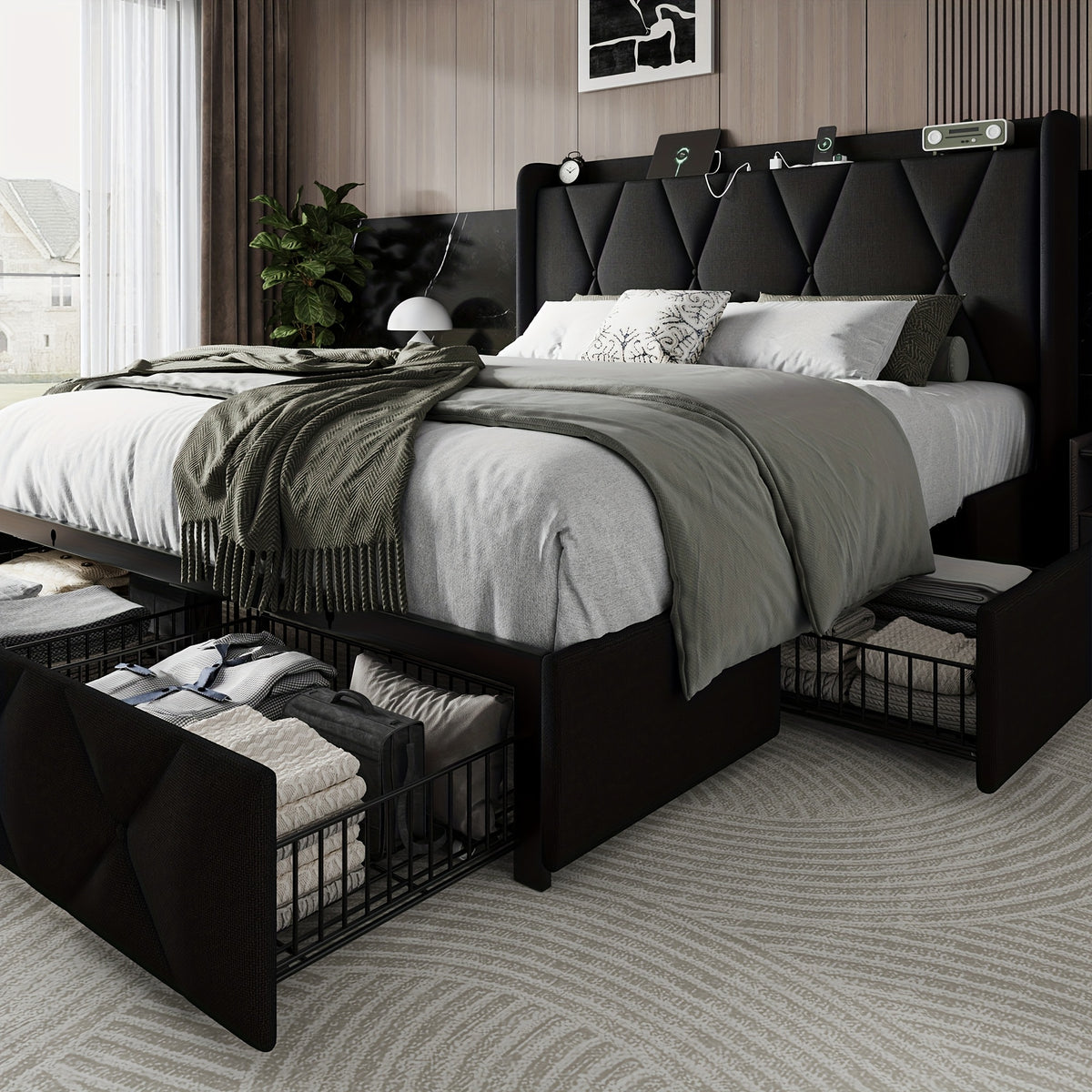 4 drawers storage bed frame wingback headboard - Temu