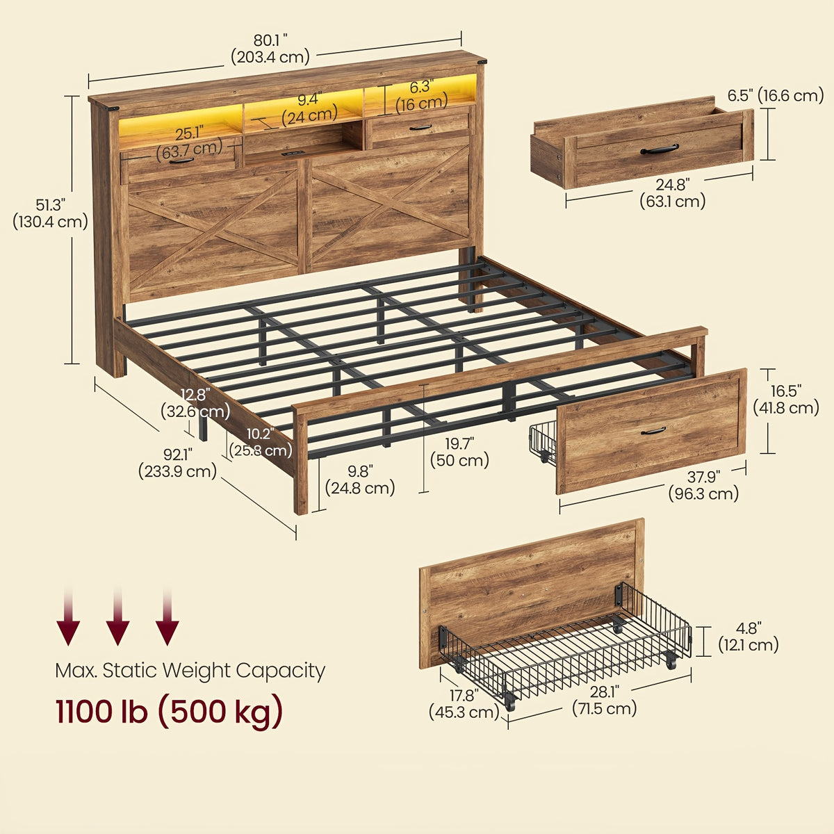 king size farmhouse bed frame charging station led lights 51 - Temu