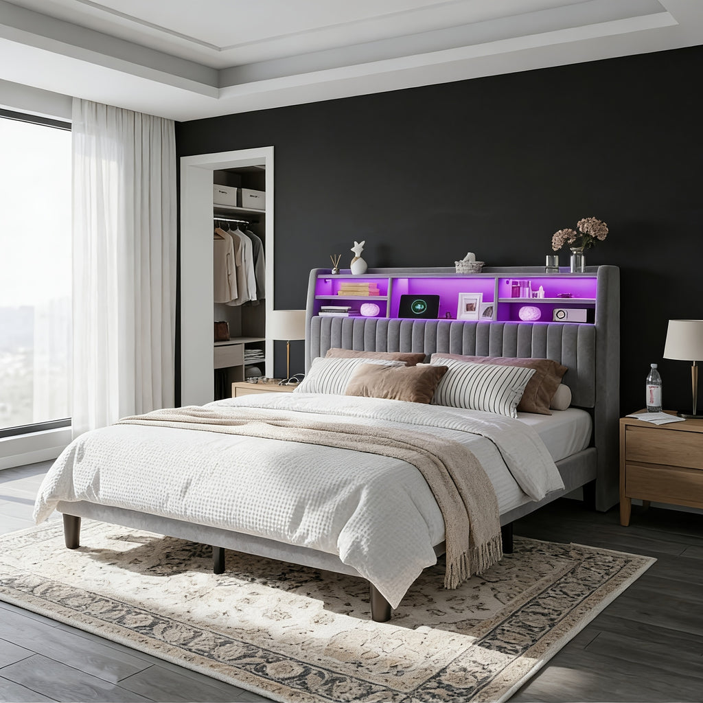 king size storage bed frame 2 tier shelf headboard led - Temu