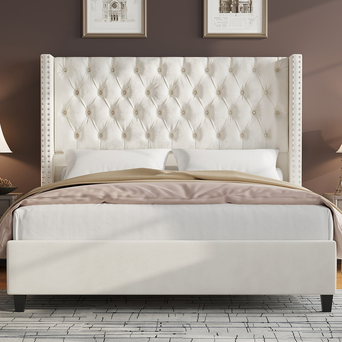 fabric bed   wingback headboard featuring - Temu
