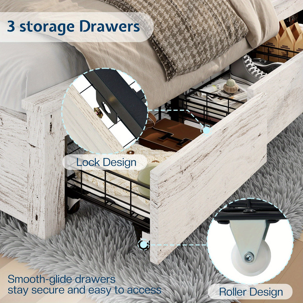 modern bed frame wheels storage drawers usb charging - Temu