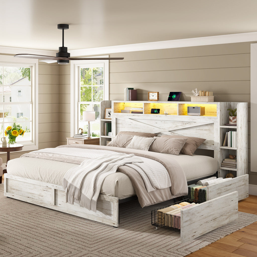 rustic farmhouse platform bed storage headboard - Temu