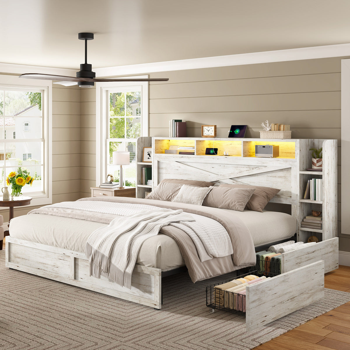 rustic farmhouse platform bed storage headboard - Temu