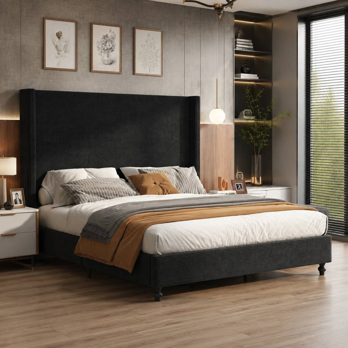 corduroy upholstered bed frame tall wingback headboard solid - Temu
