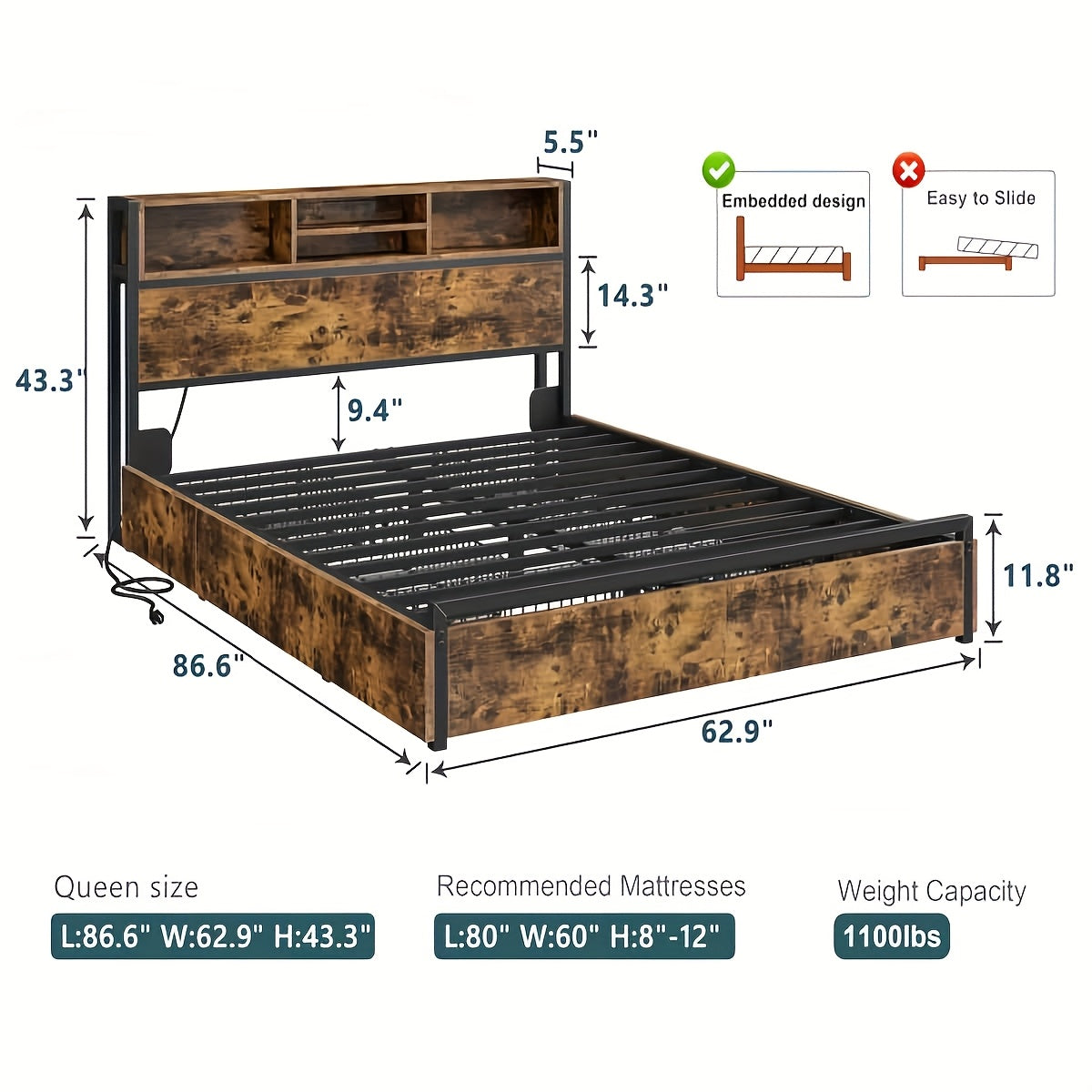 queen king bed   storage   drawers 1100lbs bed - Temu