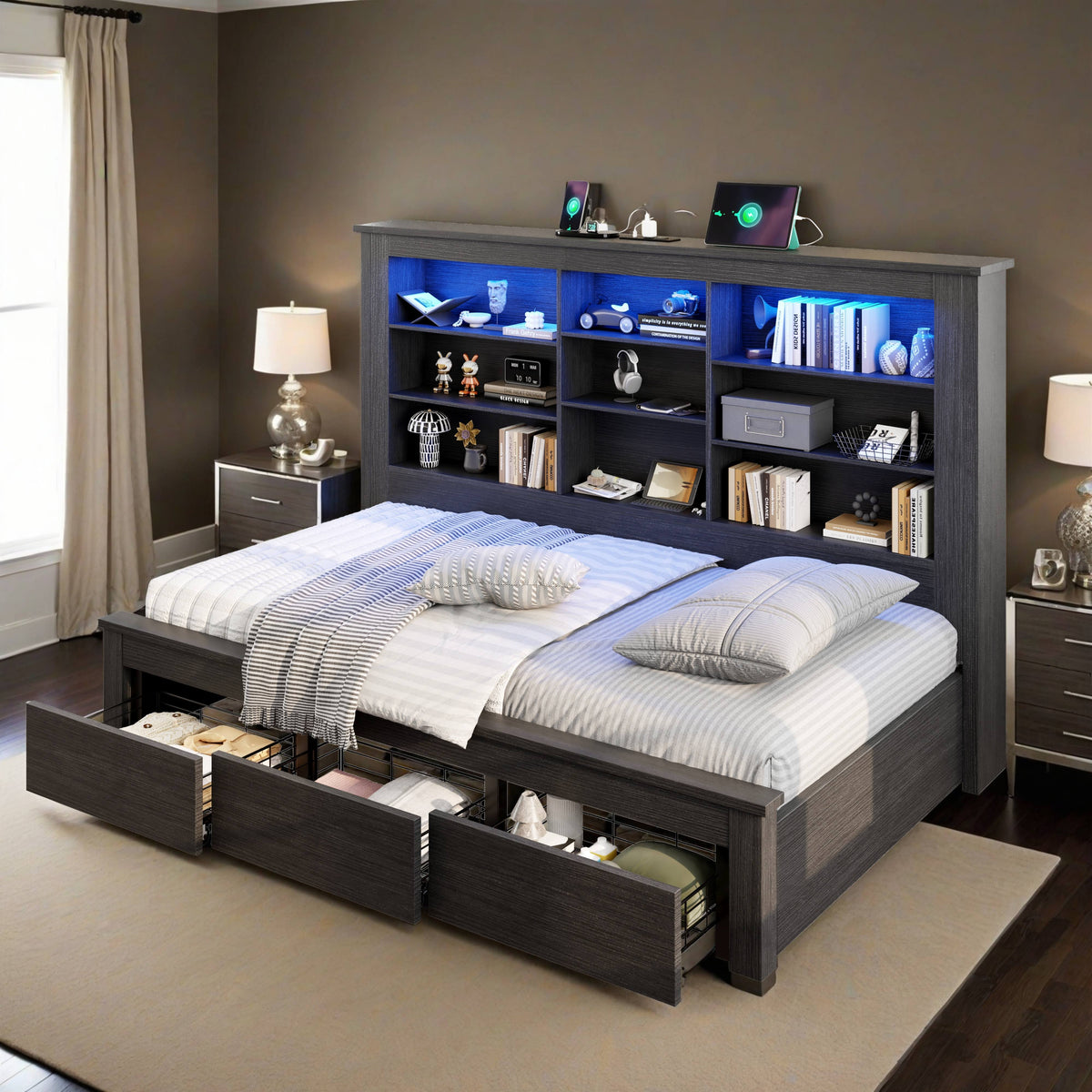 modern bed frame wheels storage drawers usb charging - Temu