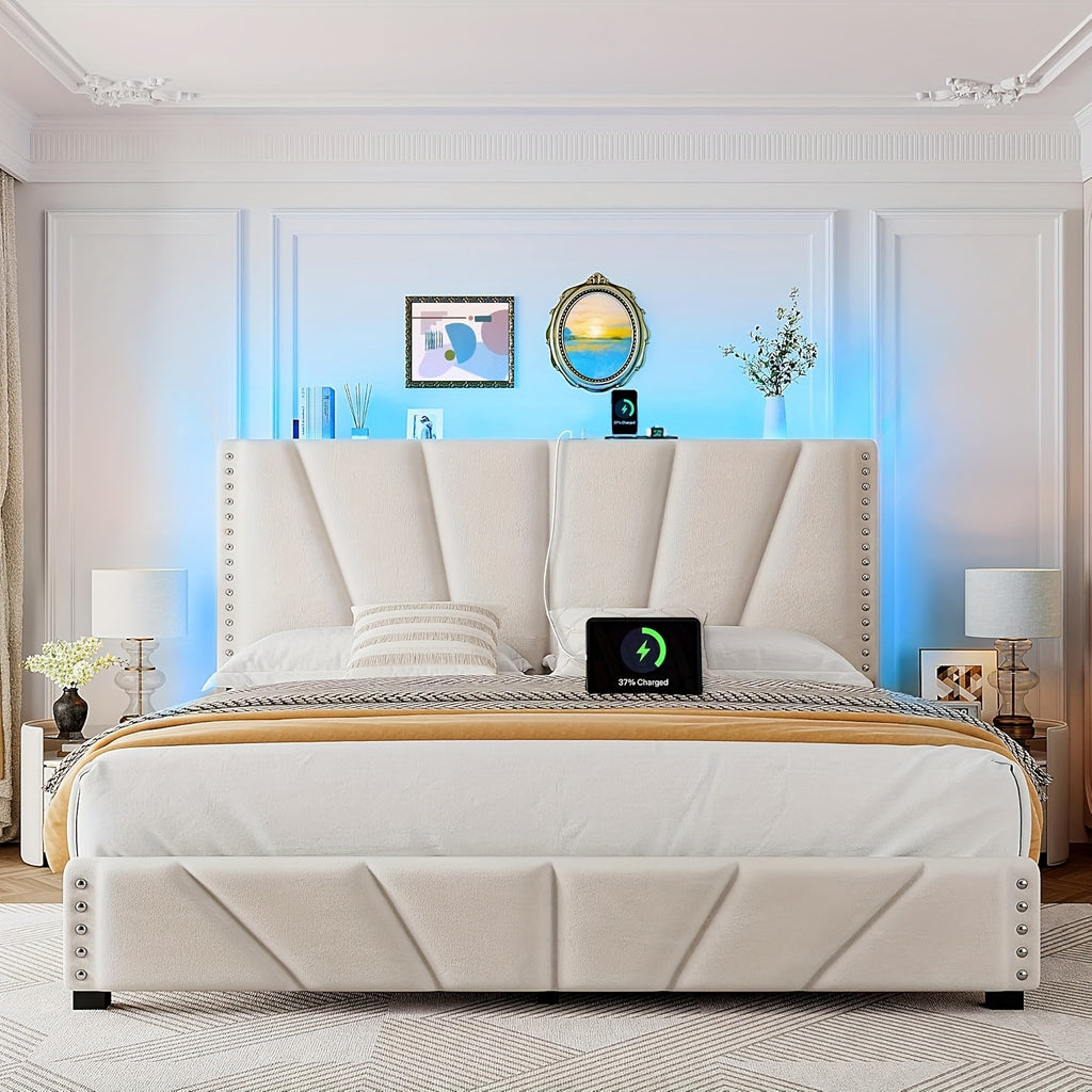 king queen size upholstered platform durable bed frame rgb - Temu
